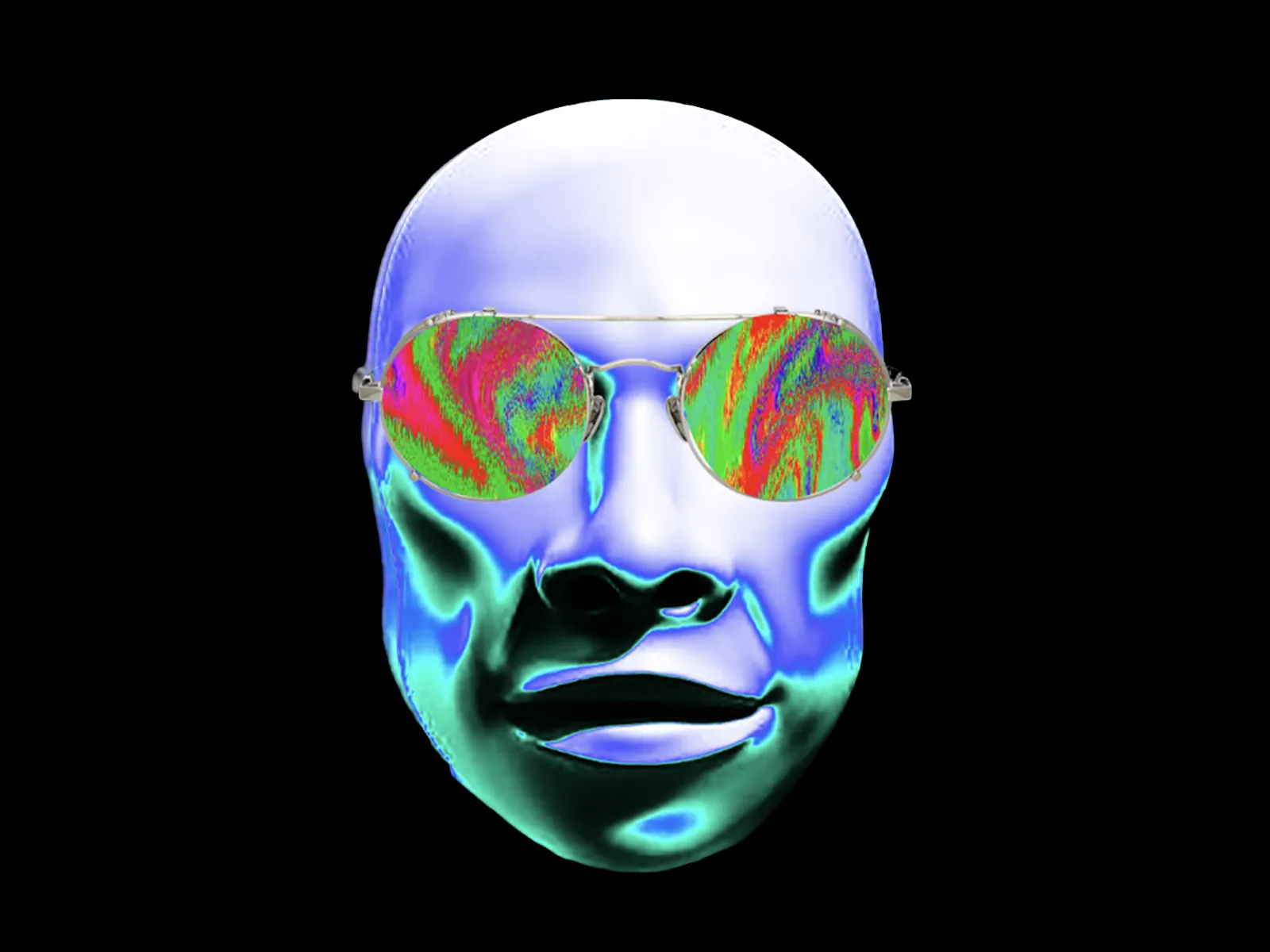 Chrome 3D head wearing round sunglasses with psychedelic animated lenses