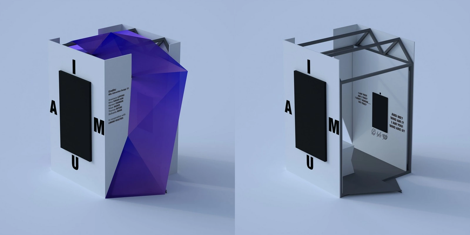 Booth design render, interior view with credits panel, full composite