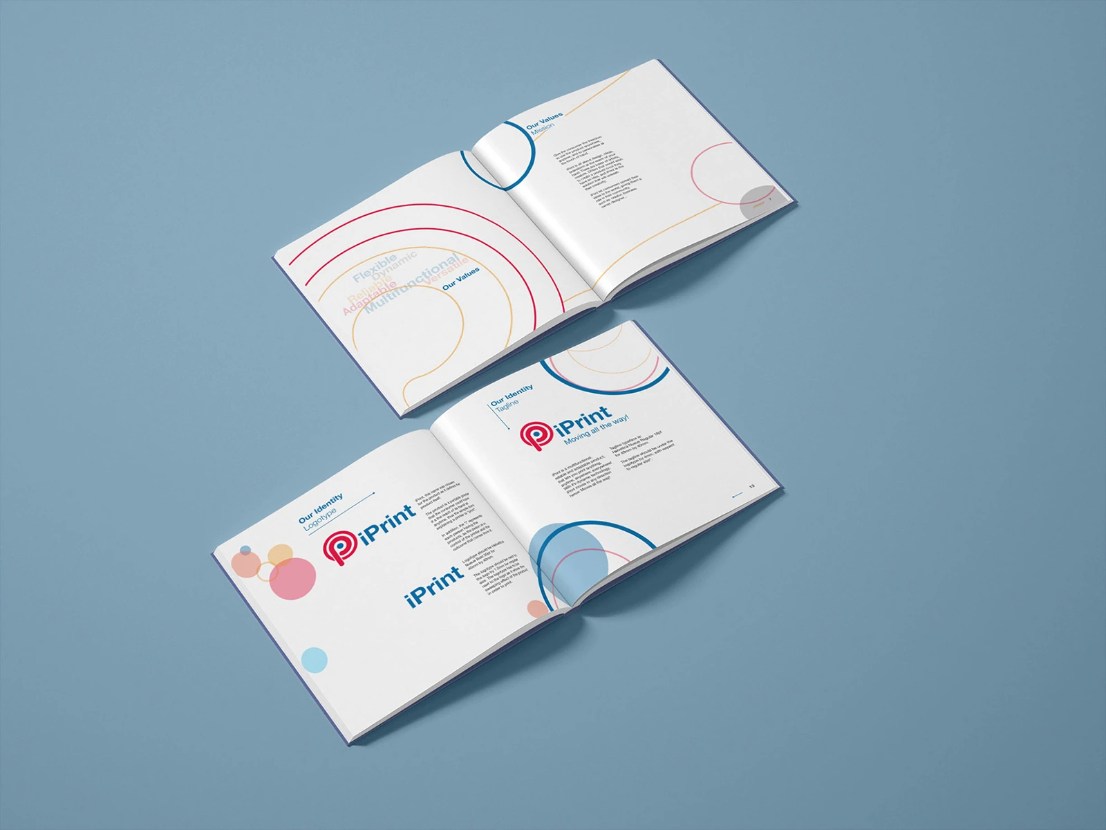 iPrint brand guideline booklet spreads showing logotype, tagline and values