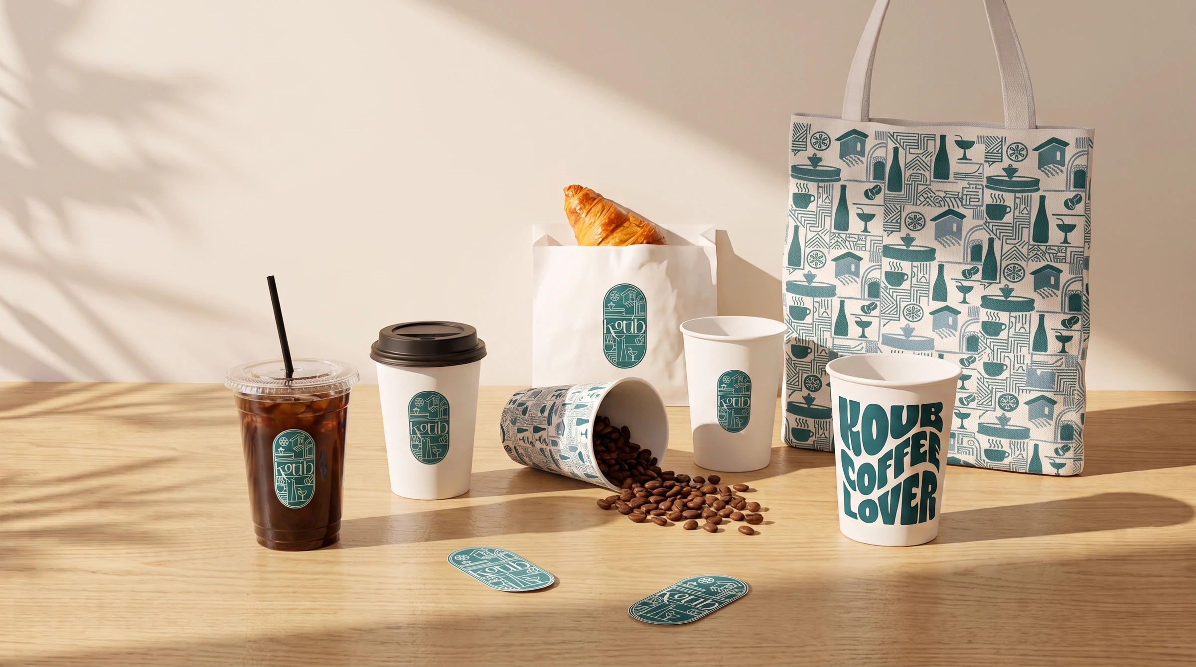 Koub branded coffee cups, tote bag and pastry bag arranged on a wooden table