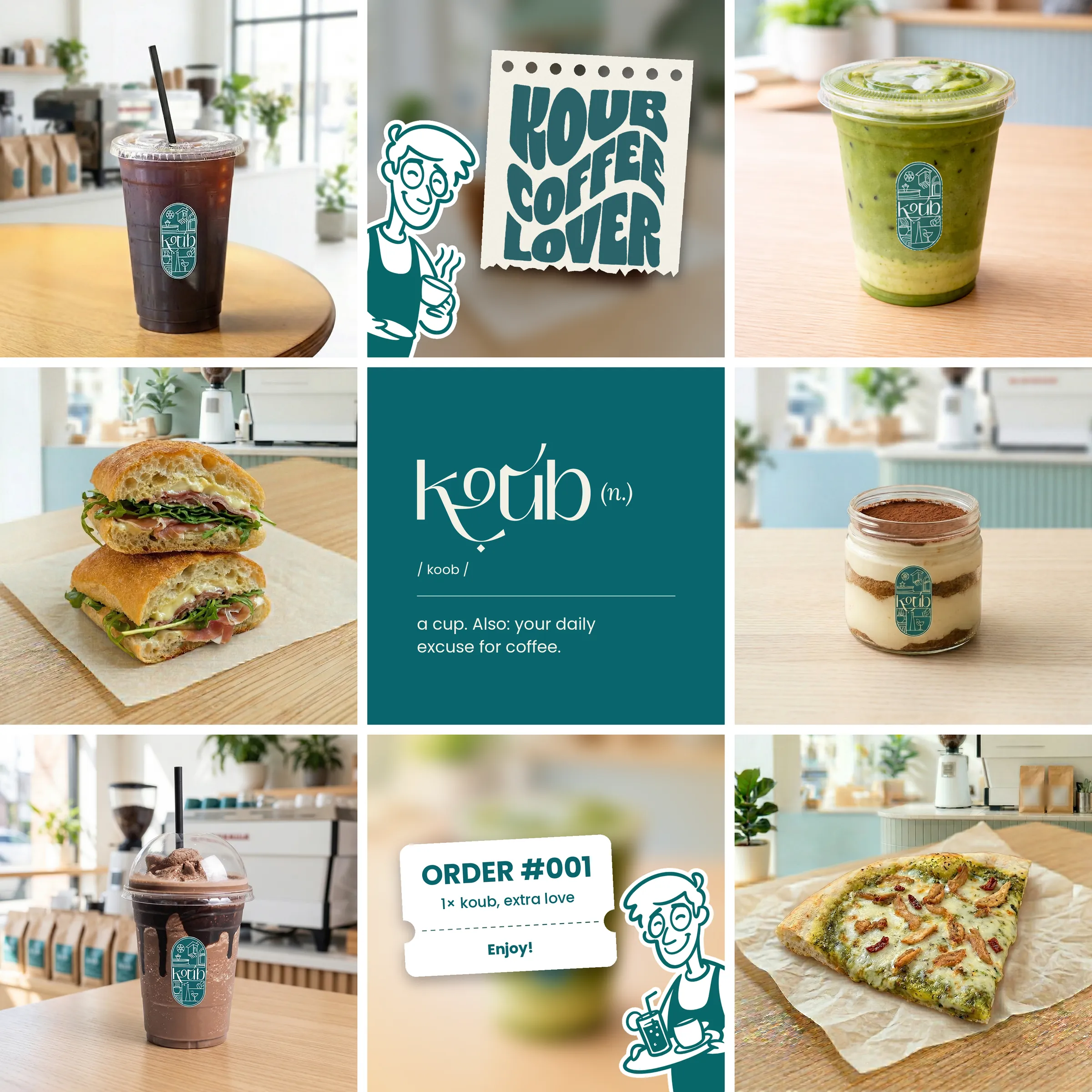 Koub Instagram feed grid concept, drinks, food, and brand illustrations