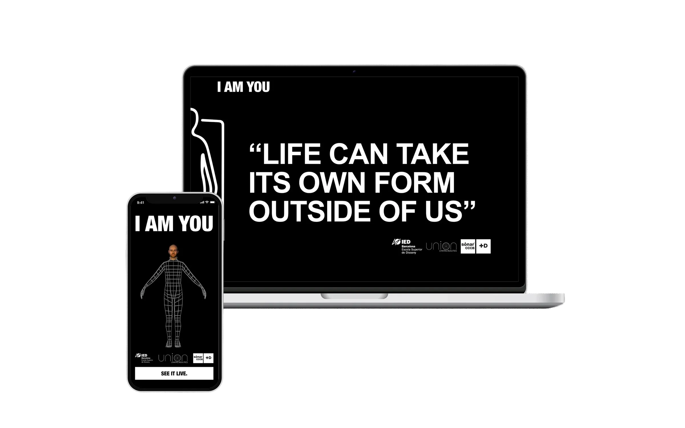 I AM YOU webpage and AR screen shown on laptop and phone mockups